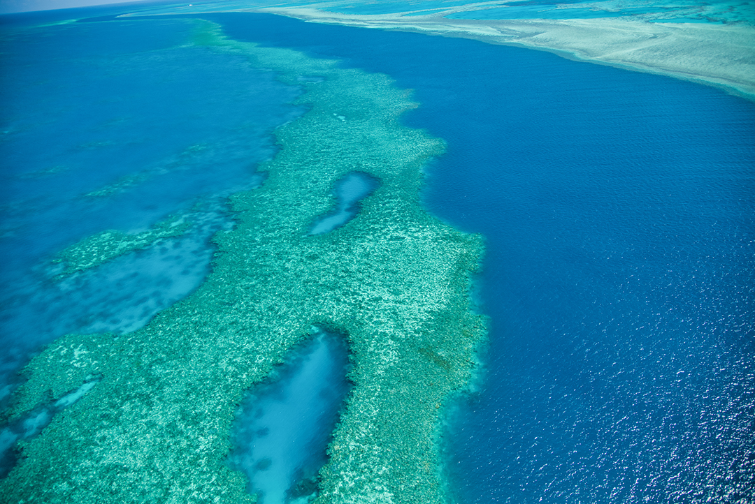 View of turquoise waters and coral formations of the Great Barrier Reef.