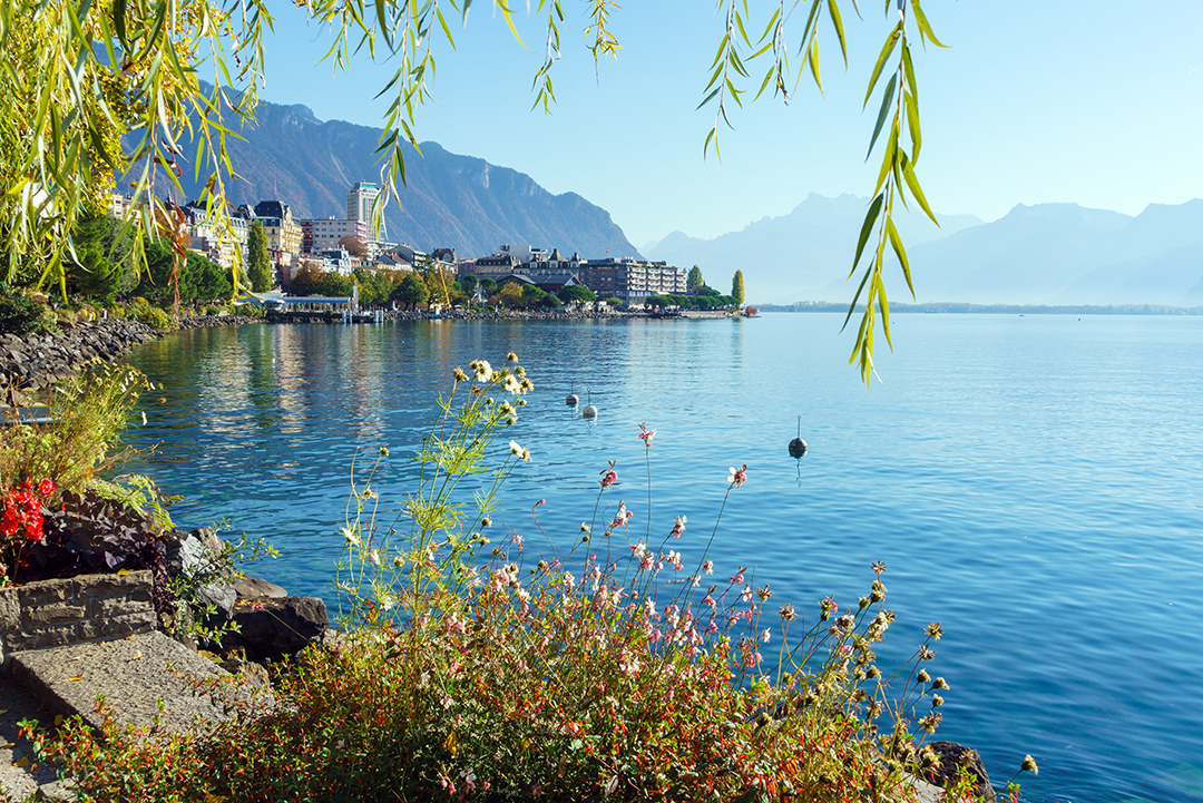 Peaceful shoreline of Lake Geneva with alpine scenery and city views, a popular place for walks and relaxation.