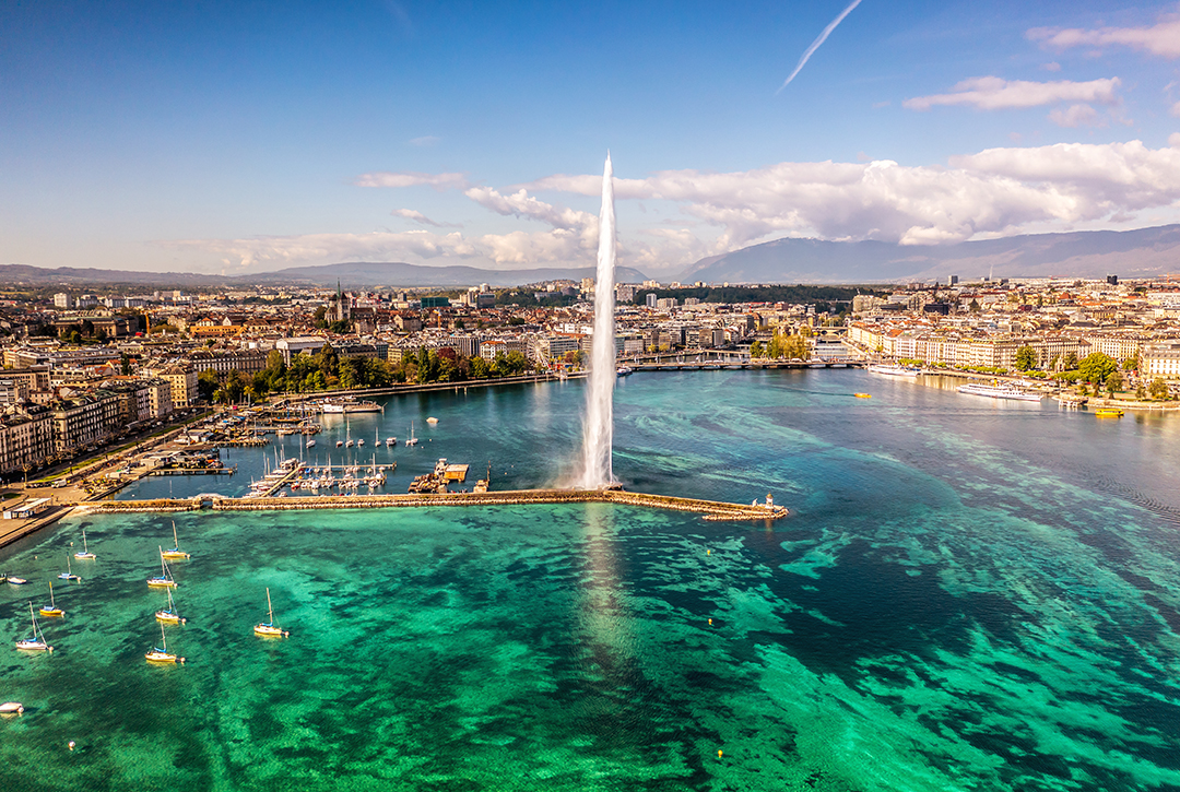 The iconic Jet d’Eau fountain rising above Lake Geneva, one of the most recognizable landmarks of Geneva.