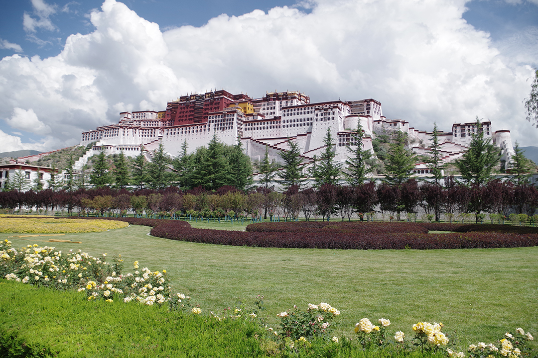 Pogled na mogočno palačo Potala na hribu Marpo Ri nad urejenim parkom v Lhasi v Tibetu.